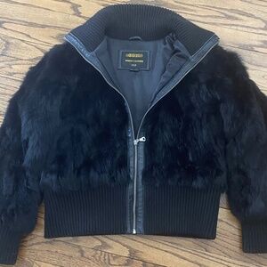 Black Fur Jacket. Chebello Women's Bomber Style. Knit Collar, Cuffs, Waist. S. L